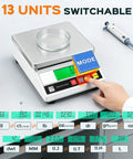 10 Kg Capacity 0.1 g Resolution Digital Lab Scale With 13 Unit Modes For Precise Weighing And Counting In Jewelry, Gold, And Lab Work, CE Certified Electronic Balance For Accurate Measurements And Reliable Performance showing unit switching on display