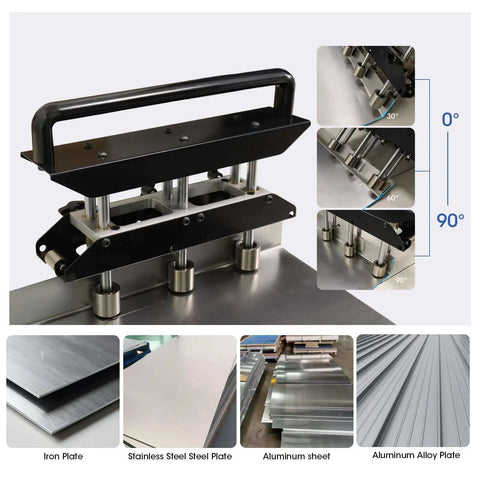 3-Station Edge Roller Bender for Sheet Metal Roofing showing 0-90 degree adjustment and aluminum body, fits 0.3-0.8mm panels