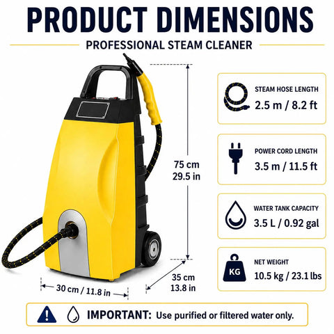 Buff Out Dirt With This Bad Boy 3000W Commercial Steam Cleaner dimensions; 3.5L tank, steam hose, power cord, and weight details.