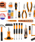 Heavy Duty Ninety Five Piece Tool Kit With Cordless Power Drill And Slick Portable Case For DIY Home Repair Auto Service No Sweat Handyman Projects And Weekend Fix Ups tools arranged on a flat surface, including a hammer, screwdrivers, and measuring tape.