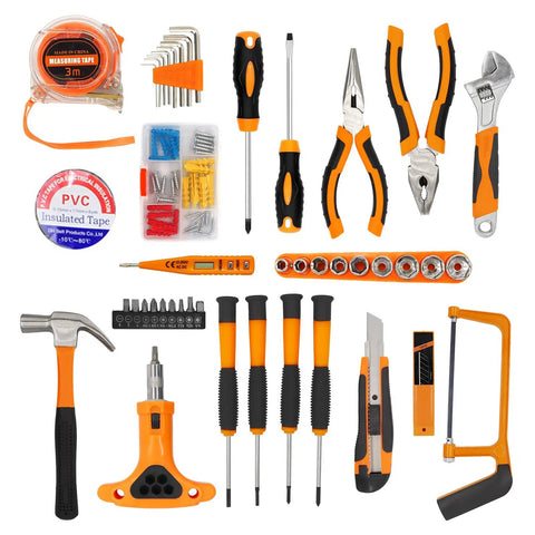 Heavy Duty Ninety Five Piece Tool Kit With Cordless Power Drill And Slick Portable Case For DIY Home Repair Auto Service No Sweat Handyman Projects And Weekend Fix Ups tools arranged on a flat surface, including a hammer, screwdrivers, and measuring tape.