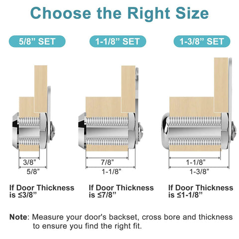 Comparison of Badass Heavy Duty Cam Locks Keyed Alike Cabinet Hardware sizes 5/8 inch, 1-1/8 inch, 1-3/8 inch with measurements.