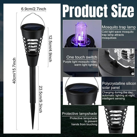 Diagram showing 4 Pack Solar Mosquito Zapper And Cone Light Outdoor Bug Killer with dimensions and features