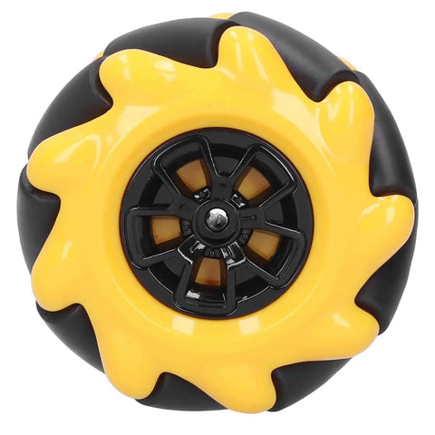Omni Directional Mecanum Wheel Set For DIY Smart Car Builds With 60mm Rubber Coated Wheels For TT Motor Left Right Translation And 45 Degree Movement Two Pairs In Yellow Black, close-up view of a single yellow and black wheel.