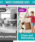 Before and after comparison of room cleaned with 18 Pack HEPA Vacuum Filters For Compact Cordless Vacuums As Seen On TV, showing tidy area.