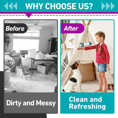 Before and after comparison of room cleaned with 18 Pack HEPA Vacuum Filters For Compact Cordless Vacuums As Seen On TV, showing tidy area.