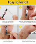 Four-step guide showing Three Pack Bracelet Clasp Helper Tools Stainless Steel Quick Release Fastening Kit for necklaces.