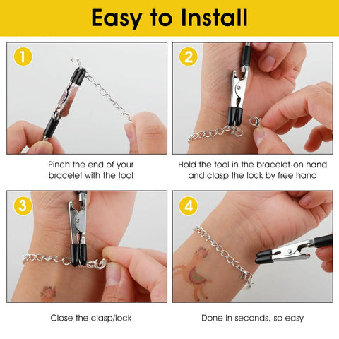 Four-step guide showing Three Pack Bracelet Clasp Helper Tools Stainless Steel Quick Release Fastening Kit for necklaces.
