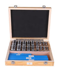 Keyway Broach Kit With Collared Bushings Shims And 30 Piece Set Containing 5 Broaches 18 Bushings And 7 Shims in wooden box