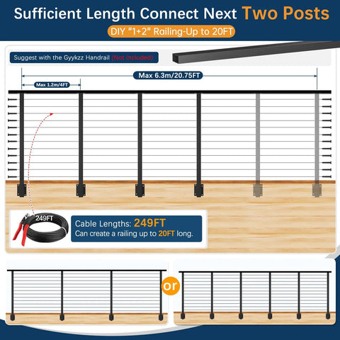 Slick Black Swageless Cable Railing Kit For Decks And Patios T316 Stainless Steel layout showing two posts and cable lengths