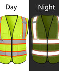 Dope High Visibility Safety Vest With Zip Front And Heavy Duty Reflective Strips For Daily Job Site Hustle Custom Logo Tough Yellow Class Two Workwear Packed With Pockets Built Kickass For Crews shown in day and night visibility.