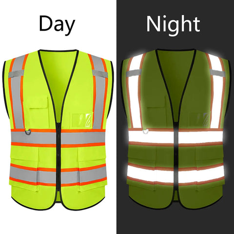 Dope High Visibility Safety Vest With Zip Front And Heavy Duty Reflective Strips For Daily Job Site Hustle Custom Logo Tough Yellow Class Two Workwear Packed With Pockets Built Kickass For Crews shown in day and night visibility.