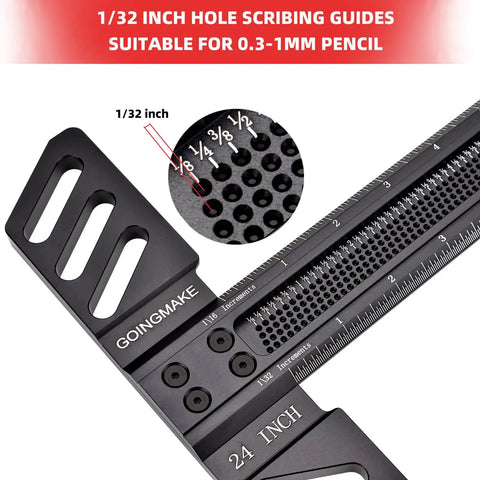 Heavy Duty 24 Inch Aluminum T Square Ruler Boss Grade Woodworking Layout Tool with scribing guides for precise marking.
