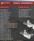 Front view of Ford F150 Mustang Explorer Edge Expedition Lincoln MKS MKT Drop In VVT Solenoid Kit For Engine Variable Valve Timing Intake And Exhaust Oil Control Valves Two Pack 2011 Through 2023 with vehicle compatibility chart.