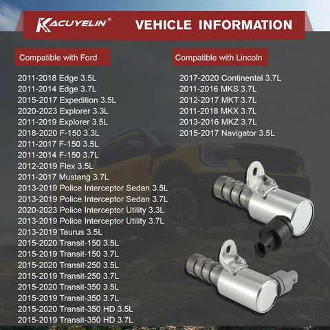 Front view of Ford F150 Mustang Explorer Edge Expedition Lincoln MKS MKT Drop In VVT Solenoid Kit For Engine Variable Valve Timing Intake And Exhaust Oil Control Valves Two Pack 2011 Through 2023 with vehicle compatibility chart.