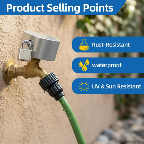 Dual Lock Outdoor Faucet Lock Kit With 2 Padlocks installed on outdoor faucet, highlighting rust-resistant, waterproof, UV resistant features