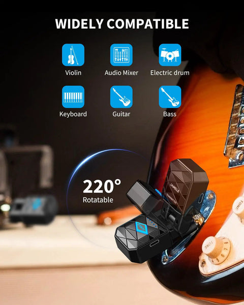 2.4GHz Wireless Guitar System with no lag and ultra-low latency, shown on an electric guitar with rotatable transmitter.