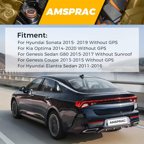 Shark Fin Antenna Cover For Kia Optima 2014-2020 Without GPS fitment chart and sleek black car on a bridge