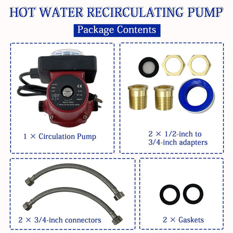 Ditch The Freezing Shower Head And Grab This Smooth Running Hot Water Recirculating Pump Compatible With Grundfos Up15-10Su7P-Tlc 115V 1 25 Hp 3 4 Inch IP44 Quick Hookup package contents including pump, connectors, adapters, and gaskets.