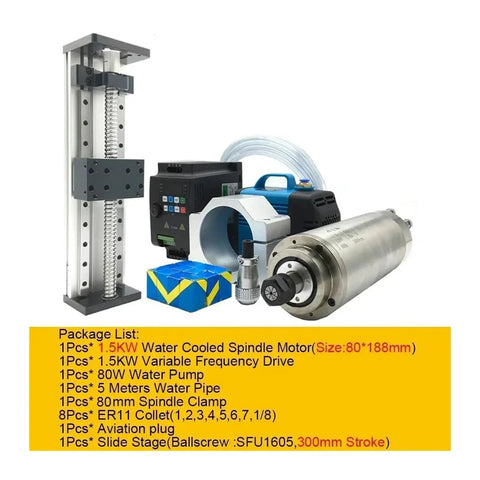 Heavy Duty Water Cooled Spindle Z Axis Slide Stage Kit 1.5Kw Motor With 300Mm Travel includes spindle, motor, drive, and accessories.