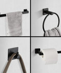 Matte Black 9 Piece Bathroom Hardware Set Must Have Includes 22 Inch And 16 Inch Towel Bars Toilet Paper Holder Towel Rack Towel Ring 5 Hooks Stainless Steel Wall Mounted Bath Accessories displayed. Includes towel bars, towel ring, hooks, and toilet paper holder.