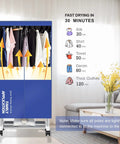 Portable Clothes Dryer With Timer, 60 Inch Laundry Wardrobe Dryer Rack For Home Easy Setup, Ocean Blue with drying times displayed