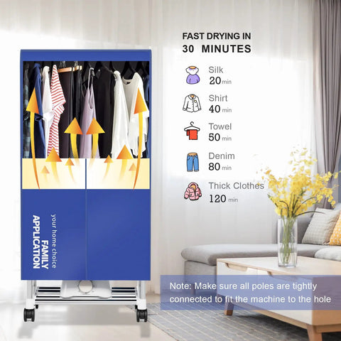 Portable Clothes Dryer With Timer, 60 Inch Laundry Wardrobe Dryer Rack For Home Easy Setup, Ocean Blue with drying times displayed