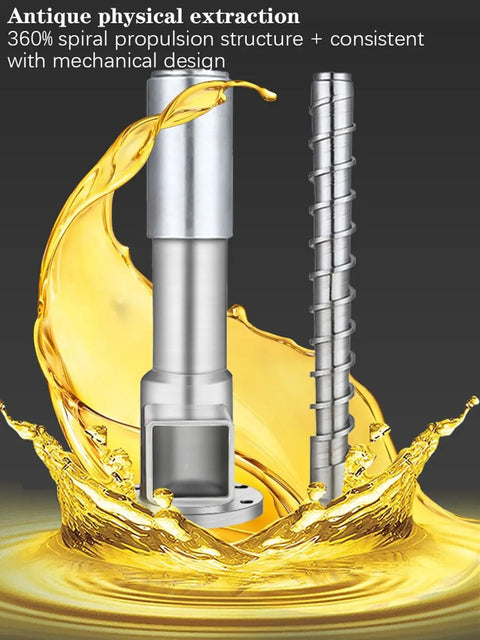 Slick Cold Press Oil Extractor For Nuts And Seeds Fully Automatic Mini Kitchen Machine No Sweat 110V Operation showing spiral structure and oil splash.