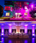 Outdoor and indoor lighting examples with Jenivaint LED Flood Light App Controlled showcasing vibrant colors.