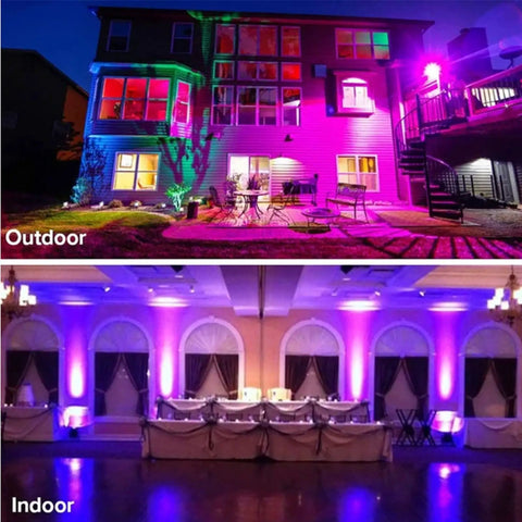 Outdoor and indoor lighting examples with Jenivaint LED Flood Light App Controlled showcasing vibrant colors.