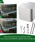316 Stainless Steel Pontoon Boat Deck Corner Caps For 90 Degree Rounded Corners Not For Right Angles Marine Grade Deck Hardware 3.5 Inch Length By 3.5 Inch Width By 3.5 Inch Height Includes Screws Nuts Spacers Wrench Drill displayed with installation tools