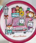 Cute Christmas scene with animals in a car, surrounded by gifts and snow, designed for festive craft projects.