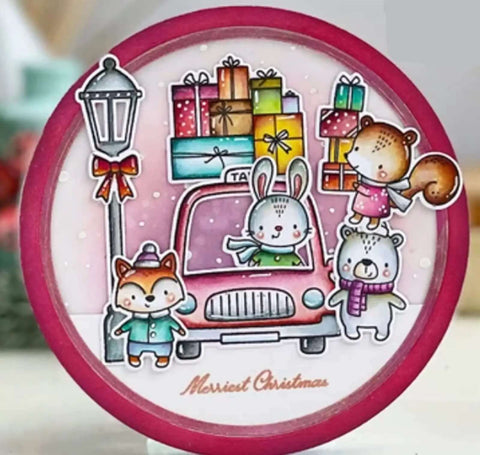 Cute Christmas scene with animals in a car, surrounded by gifts and snow, designed for festive craft projects.