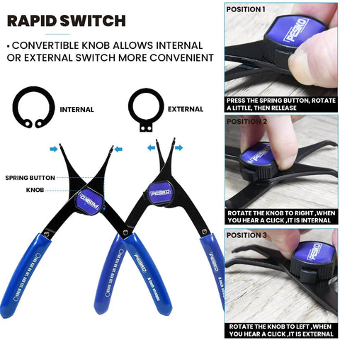 12 Piece Snap Ring Pliers Set Heavy Duty Internal External Convertible Fixed Tip Pliers with switch knob for easy use