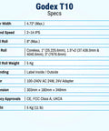 Specifications table for GoDEX T10 Label Rewinder Machine For Desktop And Industrial Printers Featuring Variable Speed Control.
