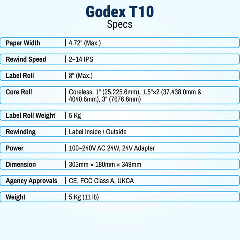 Specifications table for GoDEX T10 Label Rewinder Machine For Desktop And Industrial Printers Featuring Variable Speed Control.