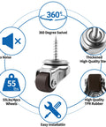 One Half Inch Small Caster Wheels Single Screw Mounting, showcasing swivel function, steel construction, rubber wheel, in 8 Pack Brown