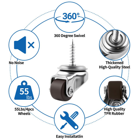 One Half Inch Small Caster Wheels Single Screw Mounting, showcasing swivel function, steel construction, rubber wheel, in 8 Pack Brown