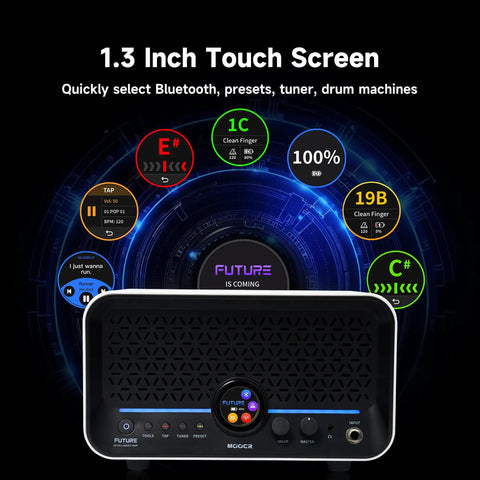 F15i AI Smart Guitar Amp With Touch Screen 15W, 55 Amp Models, showing interface and controls with effects types display.