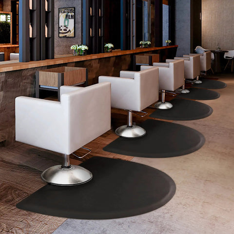 Anti Fatigue Salon Floor Mat For Barbers And Stylists, 3 By 4 Foot Black Semi Circle Chair Mat, Half Inch Thick, under white salon chairs