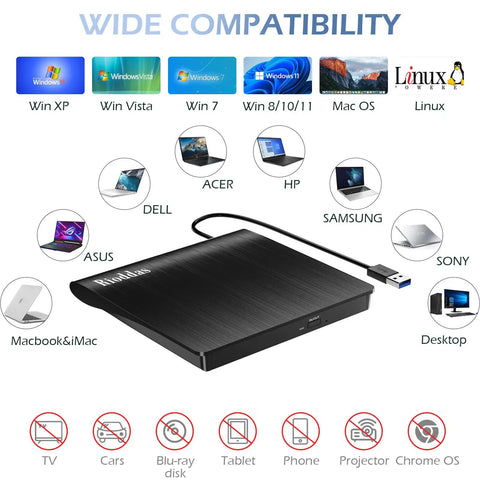 External CD DVD Drive USB 3.0 Portable CD RW DVD Burner For Laptop Desktop PC Windows Mac Linux Plug And Play No Power Adapter Needed Ultra Slim Compatible With MacBook Pro Air And PCs, black slim USB drive
