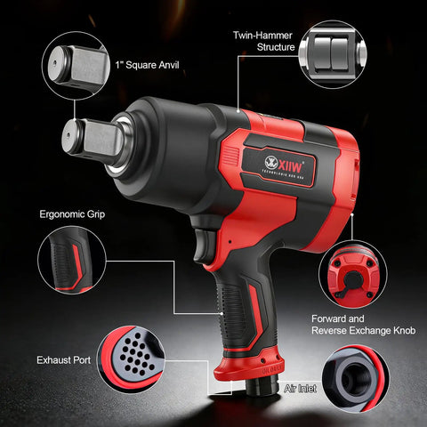Professional 1 Inch Air Impact Wrench Equipped With A Heavy Duty Twin Hammer System Spits Out 2350 Ft Lbs Of Peak Torque And 5500 Rpm with ergonomic grip and square anvil.
