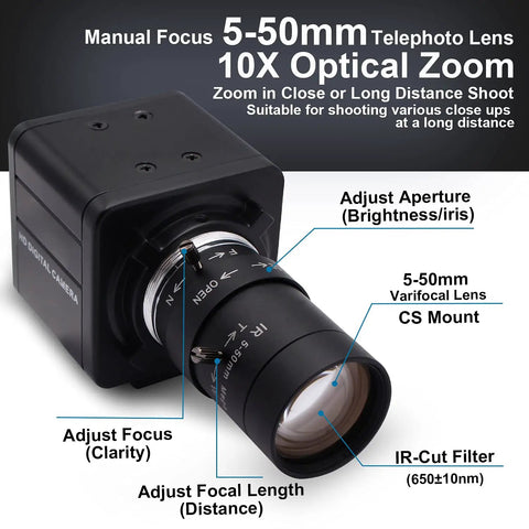 4K USB Camera With 5-50mm Zoom Lens, 10X Optical Zoom, Sony IMX317, UHD 3840x2160 At 30FPS, camera with manual focus and CS mount lens