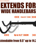 Bike Wall Mount Hanger For Horizontal Indoor Storage That Frees Up Space And Lets You Grab Your Ride Fast A Simple Wall Mounted Holder Hook That Fits Most Road Mountain And Hybrid Bikes In Your Garage Or Home with extendable arms for wide handlebars 9.5 to 14.2 inches.