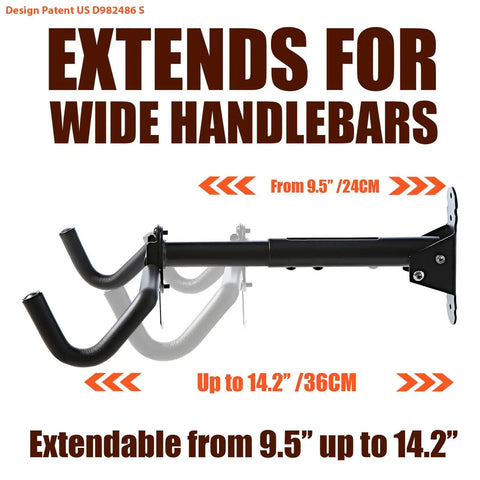 Bike Wall Mount Hanger For Horizontal Indoor Storage That Frees Up Space And Lets You Grab Your Ride Fast A Simple Wall Mounted Holder Hook That Fits Most Road Mountain And Hybrid Bikes In Your Garage Or Home with extendable arms for wide handlebars 9.5 to 14.2 inches.