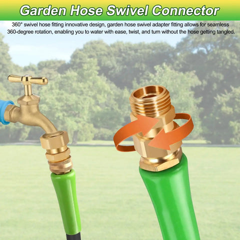 Three Quarter Inch Garden Hose Swivel Connector 360 Degree Female To Male Brass Adapter With PTFE Tape And Washer Prevents Tangles Easy Watering For Quick No Fuss Setup, brass hose fitting on green hose