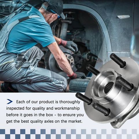 Mechanic installing a front wheel bearing hub assembly 5 lug non ABS for Jeep Cherokee 1999 2001 and Wrangler TJ 2000 2006