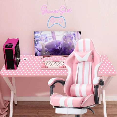 Gamer girl setup with pink desk and chair, gaming PC, and 'Gamer Girl' neon sign in gaming room.