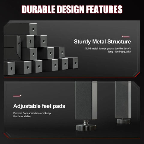 Close-up of sturdy metal structure and adjustable feet pads for 55 Inch Gaming Desk With LED Lights And Large Mouse Pad For Home Office