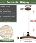 Mid Century Modern Pendant Light 15.8 Inch Wood Grain Finish Dimmable Led Island Lamp specifications and adjustable height details.